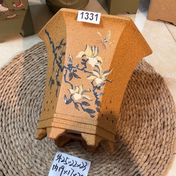 紫砂花盆  特价柴烧玉兰彩绘大六方1331
