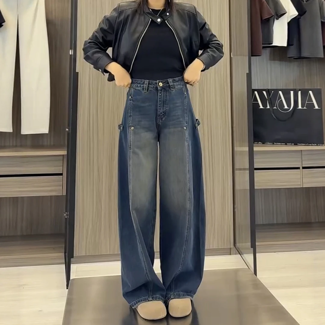 美式设计感阔腿牛仔裤女2025秋季新款梨型身材高腰宽松显瘦弯刀裤