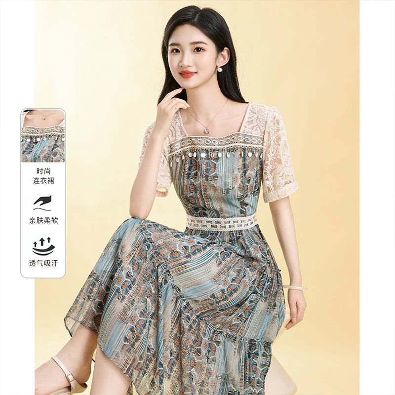 民族风碎花蕾丝连衣裙女夏2025新款轻奢高级感中式十三行爆款裙子