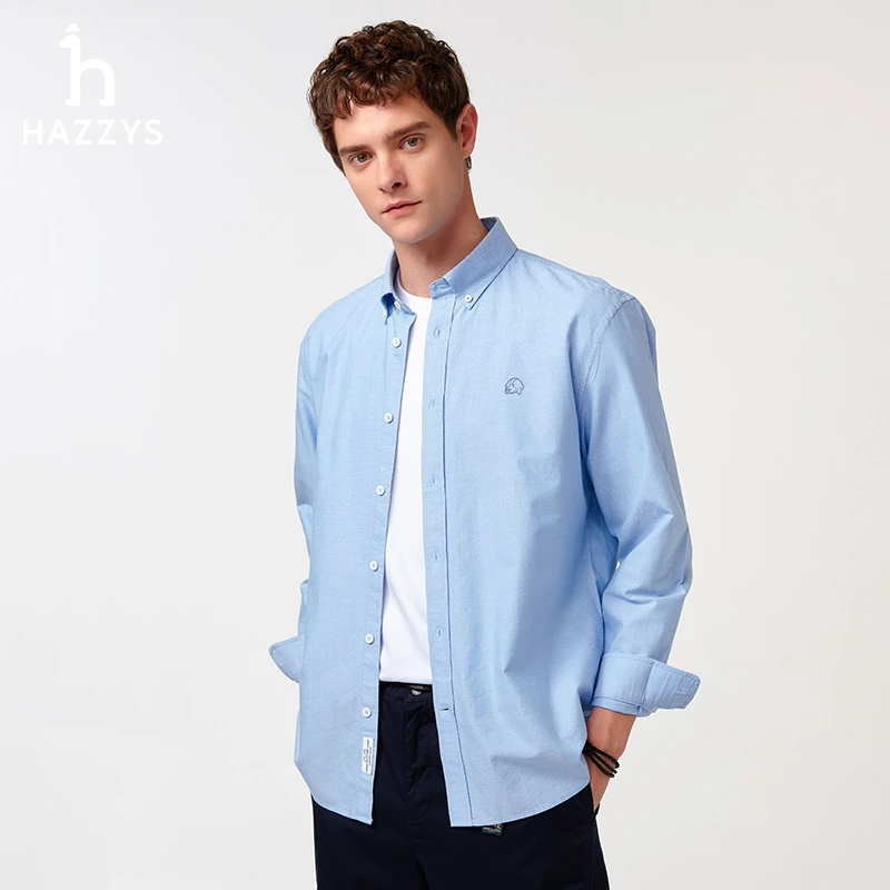 【PHIZ】Hazzys哈吉斯春季长袖扣领衬衫男士上衣休闲舒适简约衬衣
