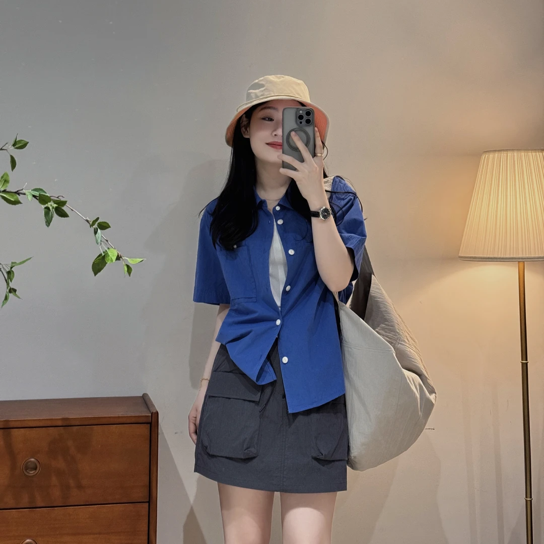 时尚高级感小众短袖衬衫休闲百搭褶皱廓形感衬衫女-M25201306