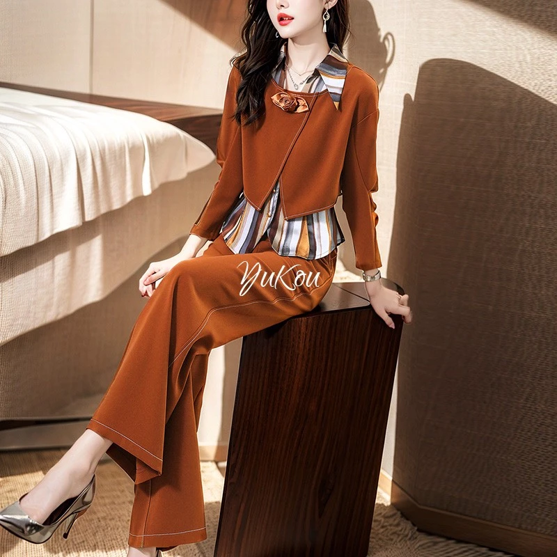 气质一整套穿搭韩系chic别致套装女条纹拼接叠穿上衣阔腿裤两件套