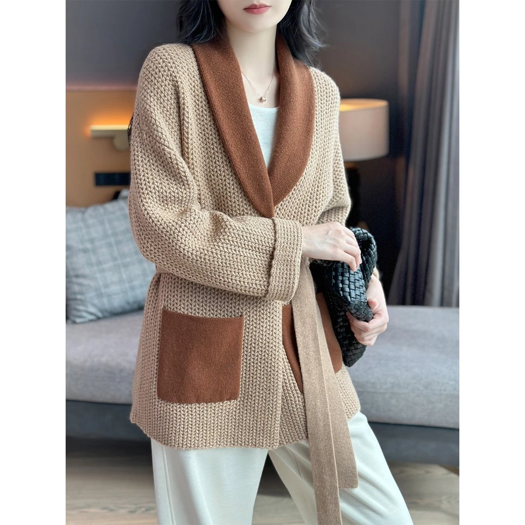 左左家 LP重磅加厚~840g羊绒V领撞色宽松浴袍式系带针织毛衣开衫