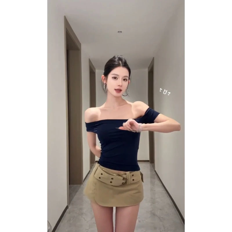 辣妹纯欲休闲百搭时尚设计感短袖一字肩上衣高腰显瘦包臀半身裙裤