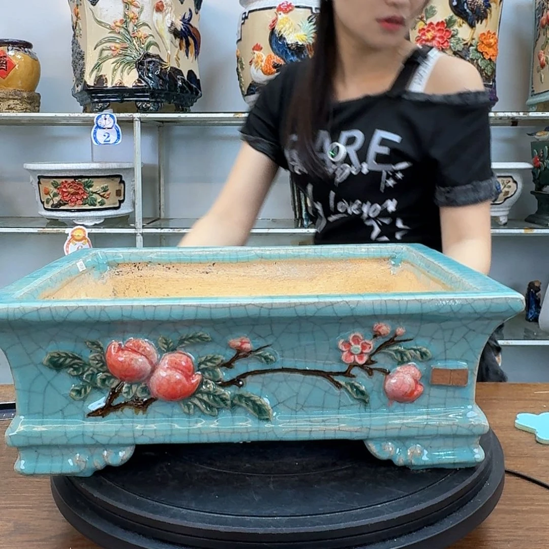 墨***绿无花朵石湾盆380陶瓷