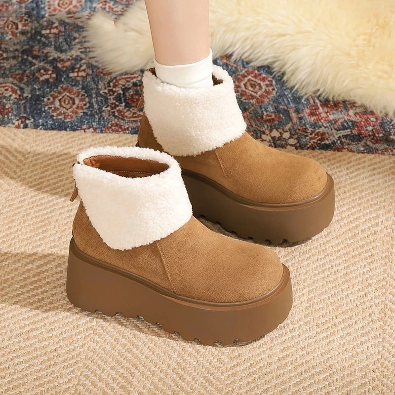 2024新款厚底复古风棉靴加厚翻毛雪地靴短筒口气质女款增高6公分