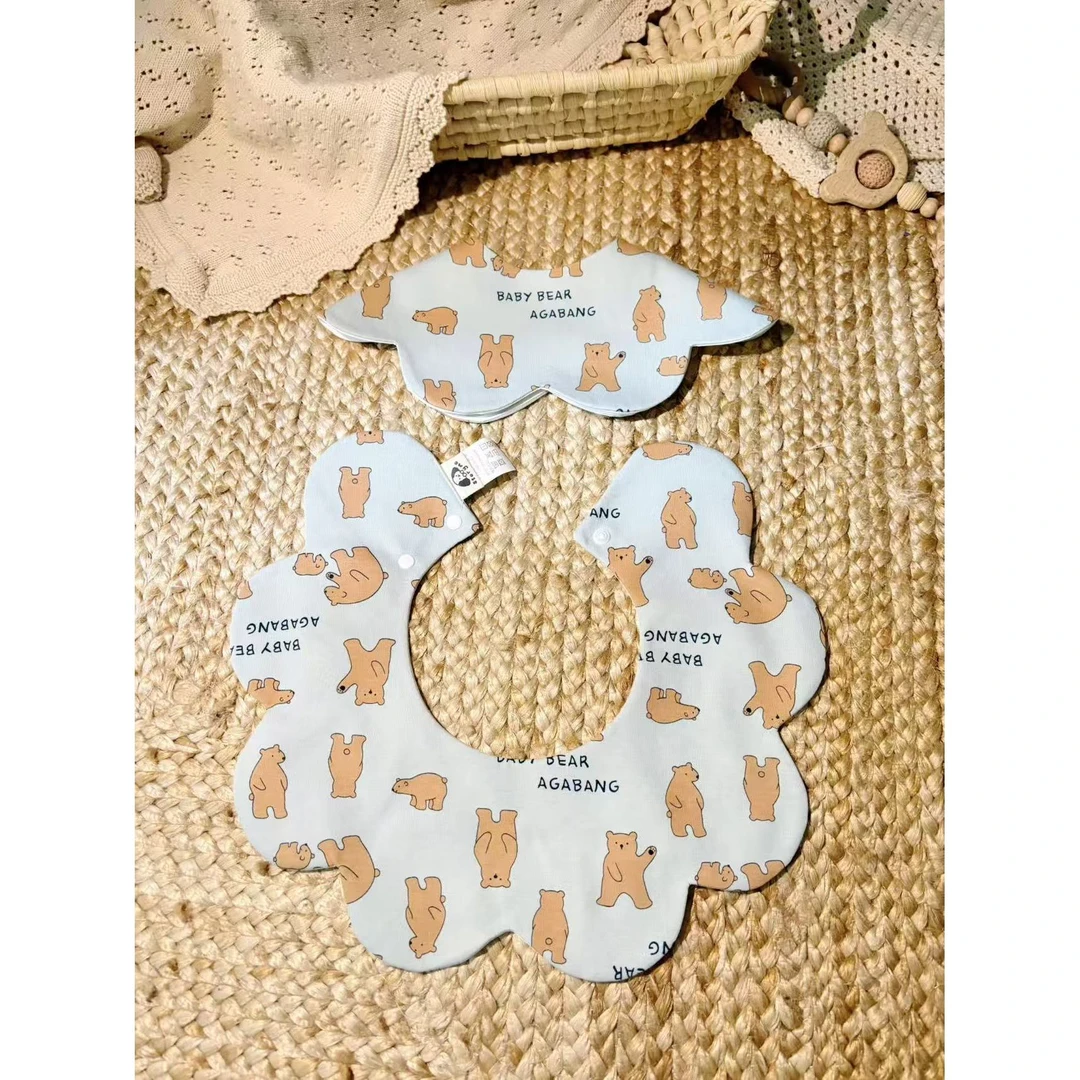 [U991]蓝底小棕熊口水巾围兜新生儿防吐奶柔软透气可爱ins风