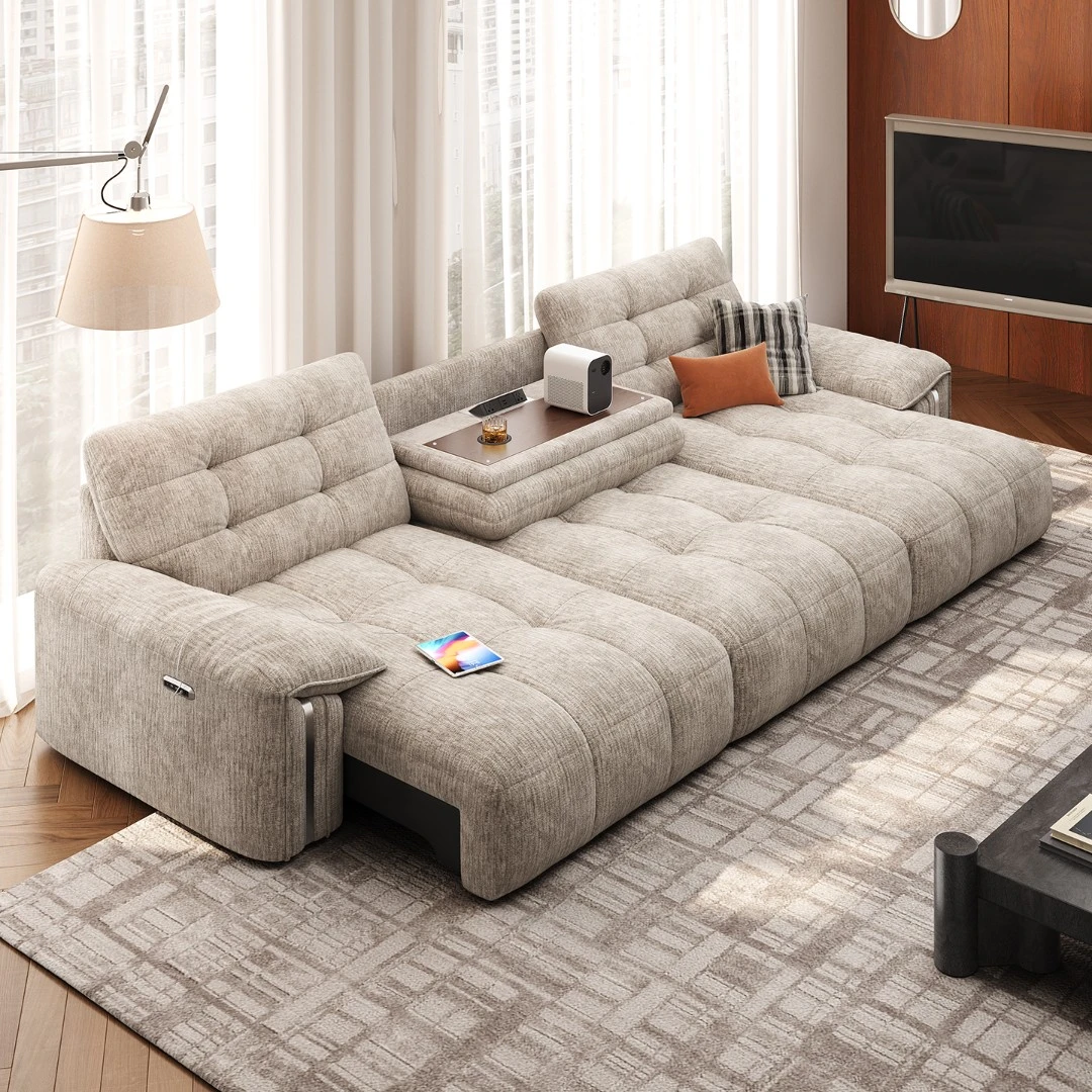 美柏电动功能沙发可翻盖茶几布艺沙发客厅中古风奶油云朵推床沙发