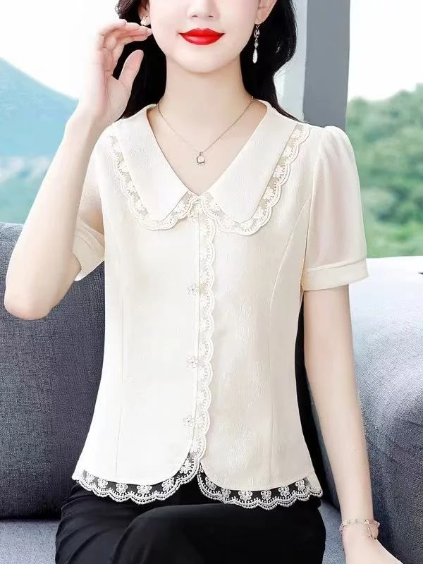 法式时尚娃娃领短袖衬衫女夏装新款漂亮减龄小衫高档洋气上衣