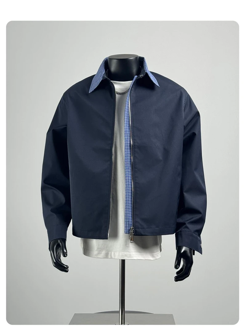 美式潮牌格子翻领工装夹克男拼接休闲百搭宽松上衣假二件男士外套