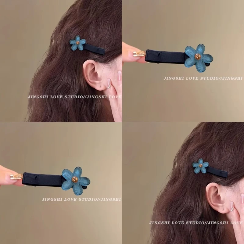 韩国蓝色花朵鸭嘴夹夏季发夹边夹侧边甜美发卡女高级感刘海夹前额