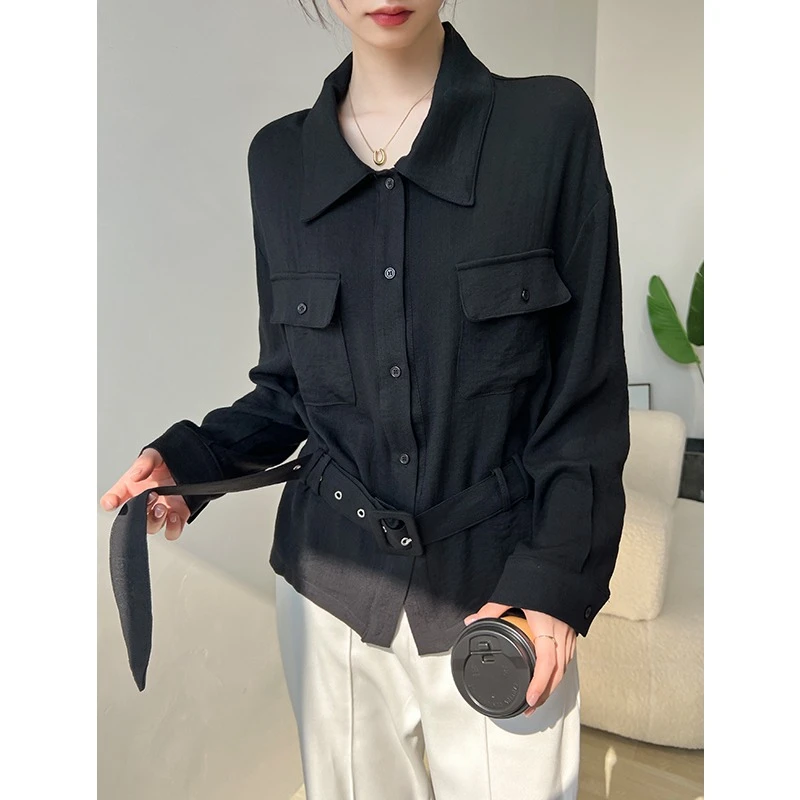 女士衬衫夏季2025年新款不规则宽松衬衣高级感POLO领长袖上衣外穿