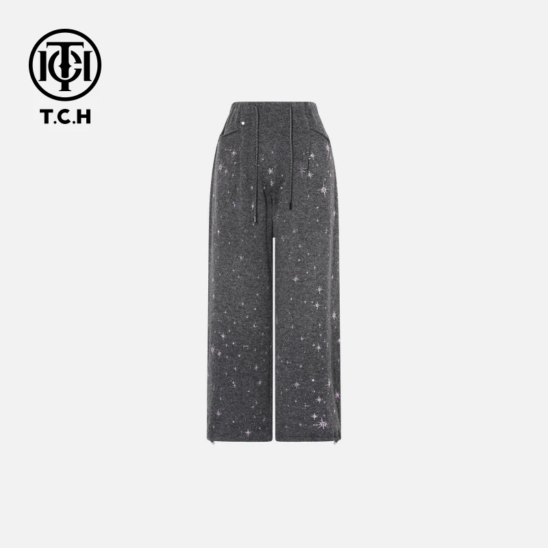 TCH【直筒阔腿】冬款百搭时尚烫钻慵懒风深灰色休闲裤T720E1156