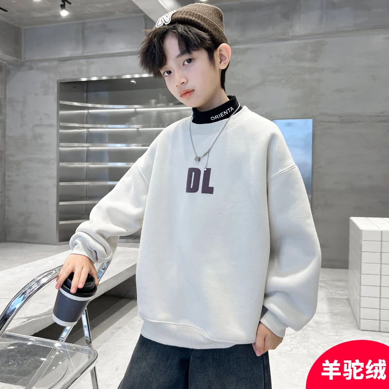 男童加绒加厚卫衣假两件高领秋冬款儿童打底衫上衣中大童羊羔绒潮