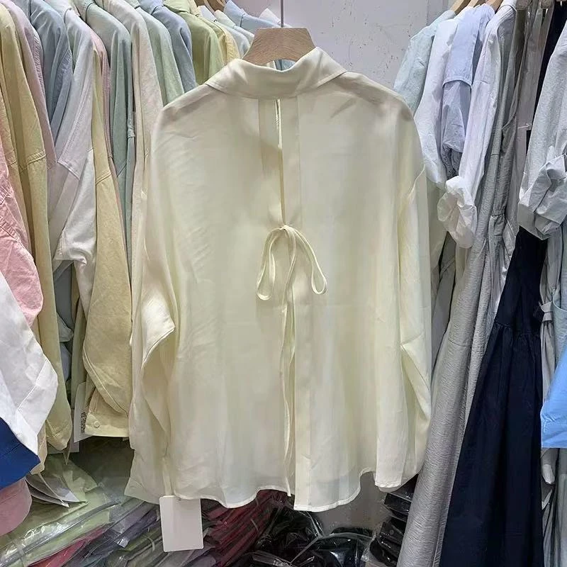 5079-【雪儿】露背系带翻领长袖衬衫女夏季新款宽松休闲防晒上衣