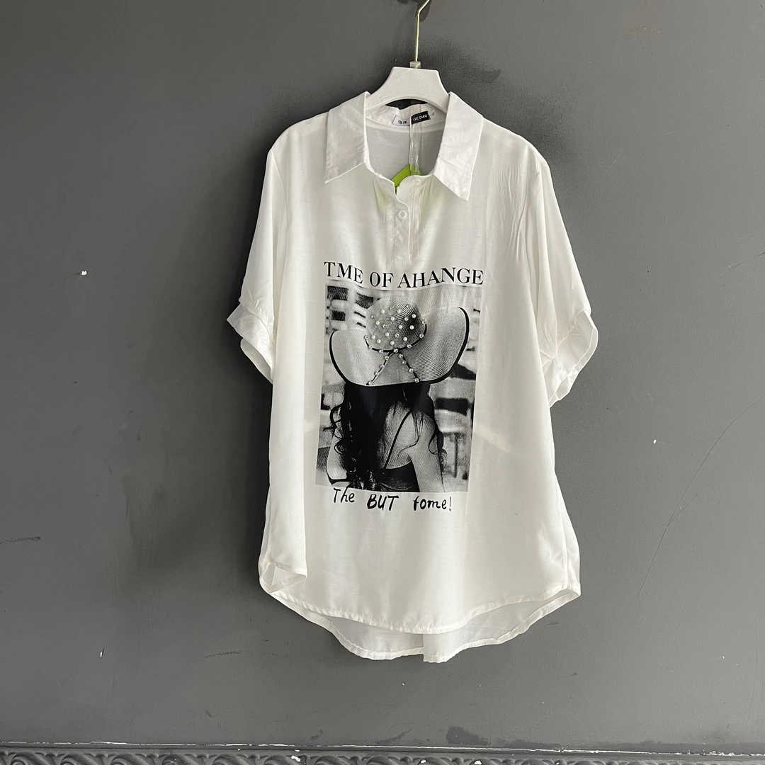 印花短袖中长款POLO领常规T恤卡通舒适大码女装