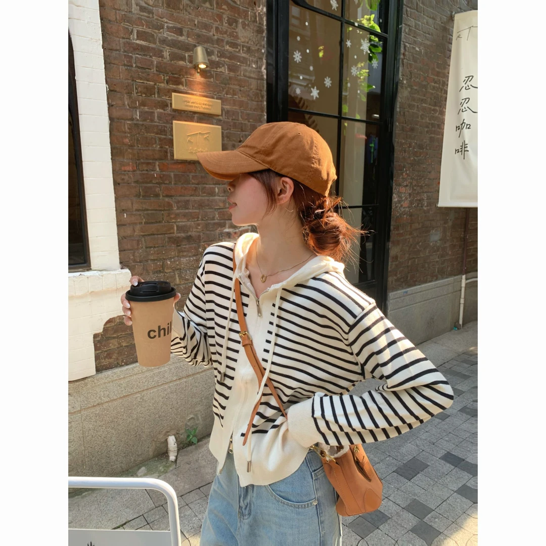 【C·Cai】条纹连帽卫衣外套2501#宽松韩版小个子七巧板穿搭短款开衫