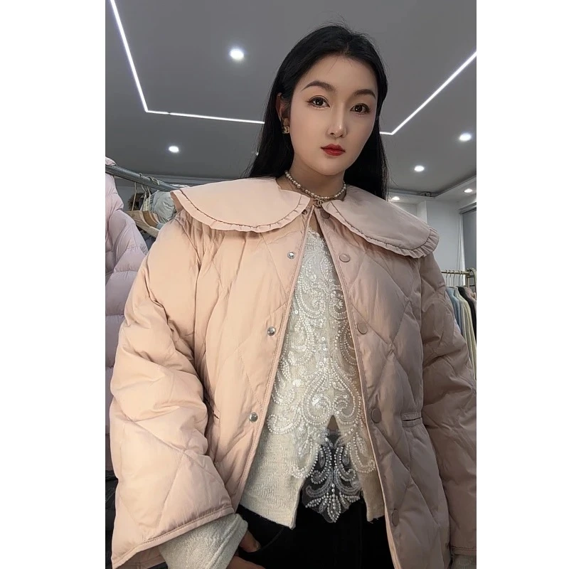 90绒轻薄日系甜美花边女娃娃领菱格外套森林女系羽绒服法式设计感