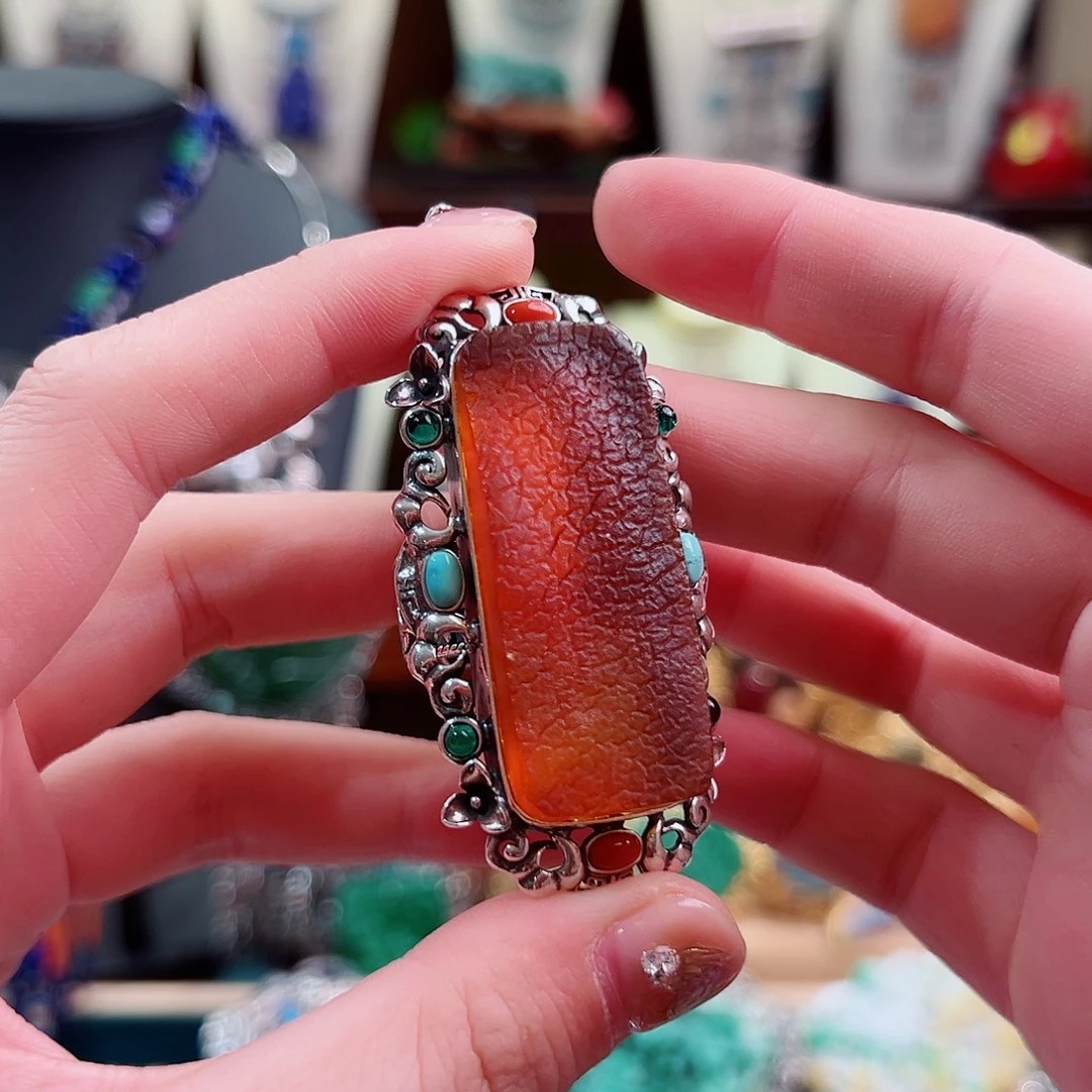 琥珀银S925镶嵌戒指/指环戒指