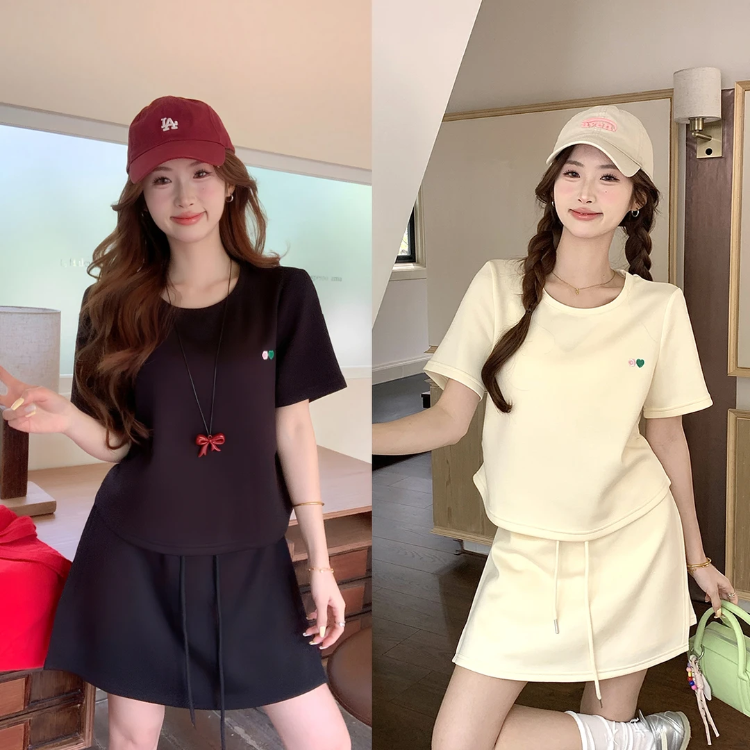 长2025夏季胖mm大码女小个子休闲套装短袖t恤半身裙两件套64231