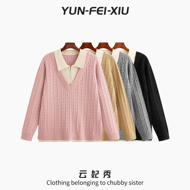 云妃秀大码女装针织衫POLO领假两件时尚显瘦遮肉胖妹妹秋23351