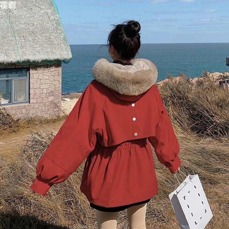 轻奢红色短款衣服女加厚宽松冬季收腰小个子新款设计感小众棉服