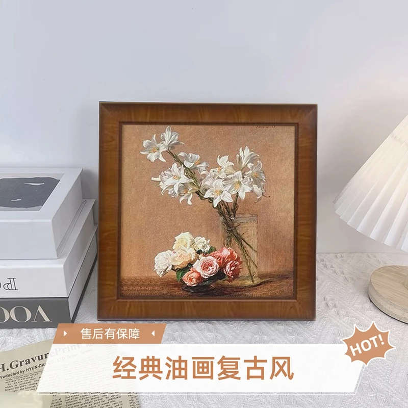 法式美式复古油画花瓶图案砂岩装饰画适用于餐厅卧室玄关背景4040