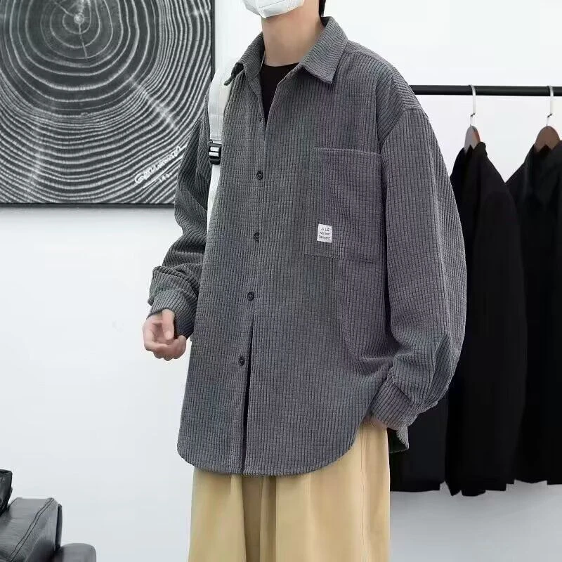 男生秋冬季款日系潮流工装衬衣休闲宽松大码男款灯芯绒厚外套裤子