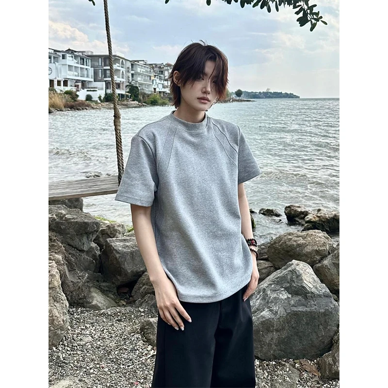 重磅280g澳产氨纶太空棉空气层拼接透气T恤抗皱硬挺短款boxy版型