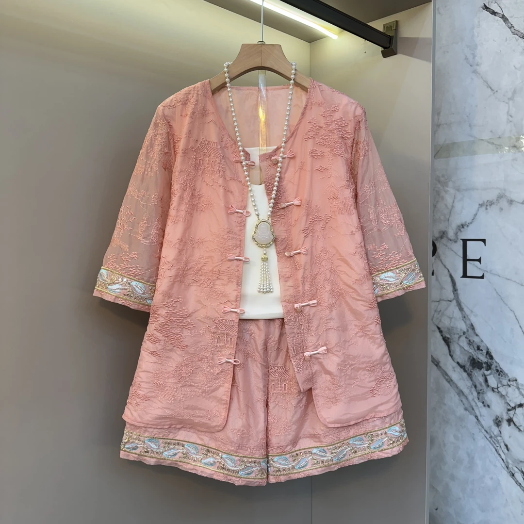 大月新中式国风亭台楼阁五分袖花边装饰大码外套+短裤两件套1885