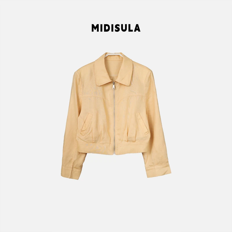 阿玉家&翻领长袖宽松百搭简约短外套下摆褶皱上衣#0368