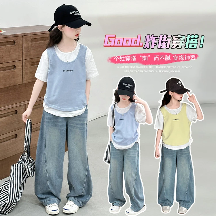 女童夏季套装2025新款洋气假两件短袖T恤中大童弯刀牛仔裤两件套