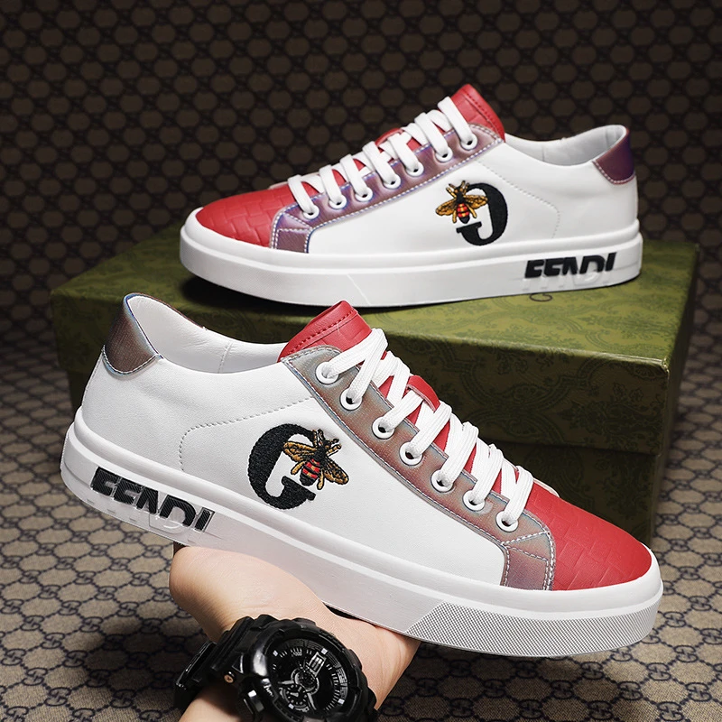 欧洲站新款男鞋百搭时尚休闲鞋韩版潮流刺绣板鞋拼色皮面爆款白