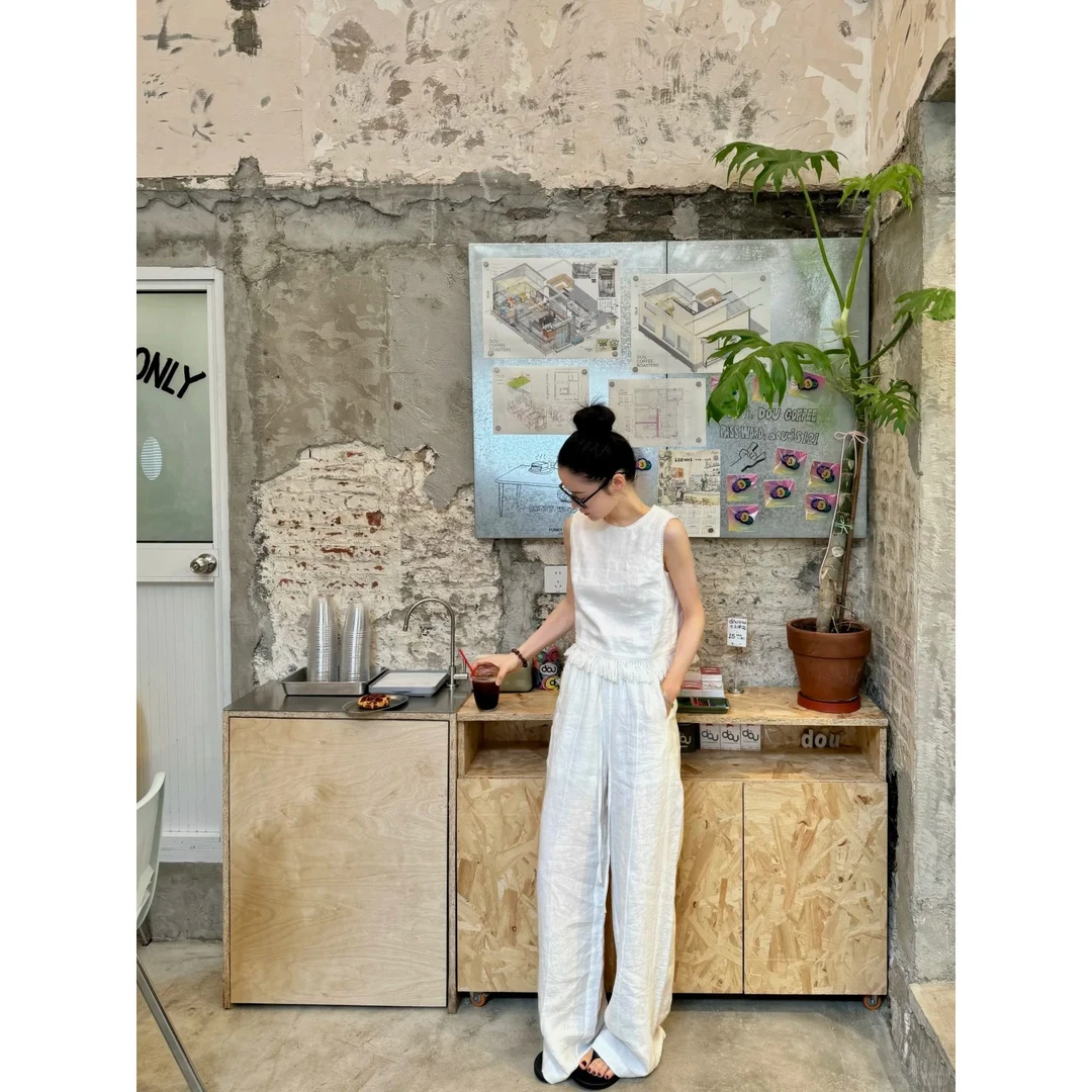 赴约极简女装慵懒风简约无袖上衣2025夏季高腰百搭宽松休闲长裤