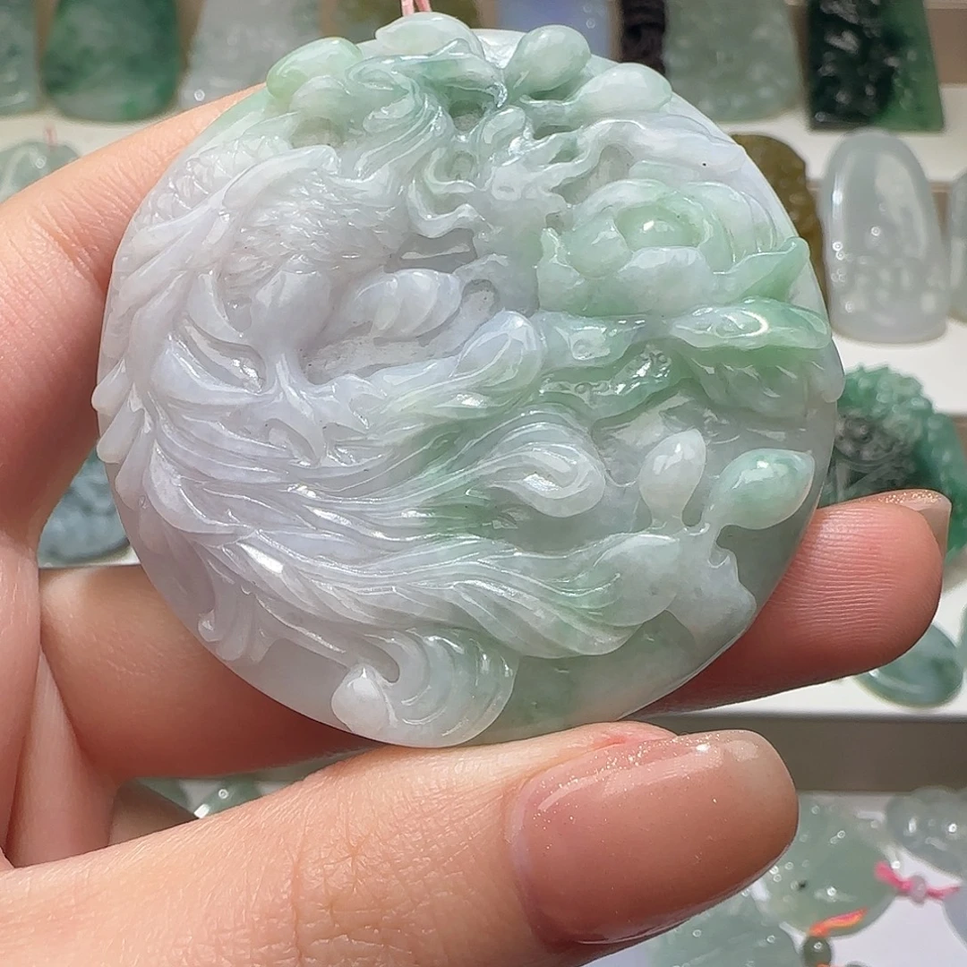 翡翠未镶嵌颈饰天然缅甸翡翠凤穿牡丹