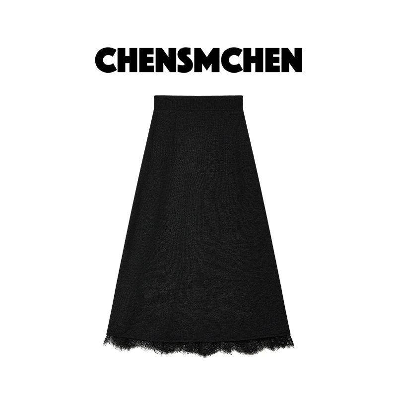 CHENSMCHEN 和纸纱蕾丝拼接半身裙女休闲百搭显瘦裙子CSQ7263MX