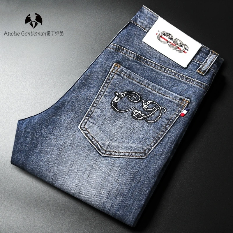 高端刺绣牛仔裤男潮牌弹力修身春夏薄款欧美时尚百搭印花休闲裤子