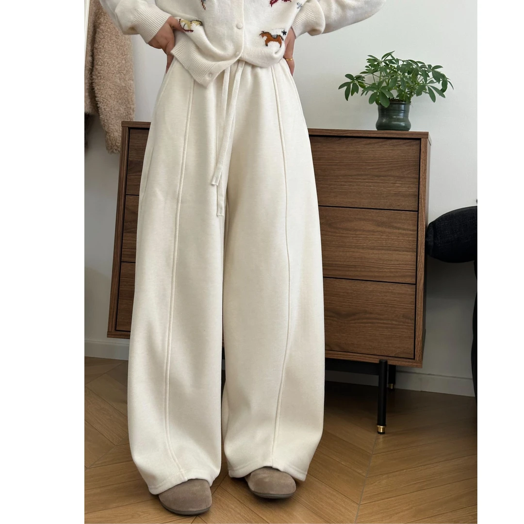 XIAOYINZI 冬日保暖无束缚感松紧腰加绒加厚休闲二穿阔腿裤拖地裤