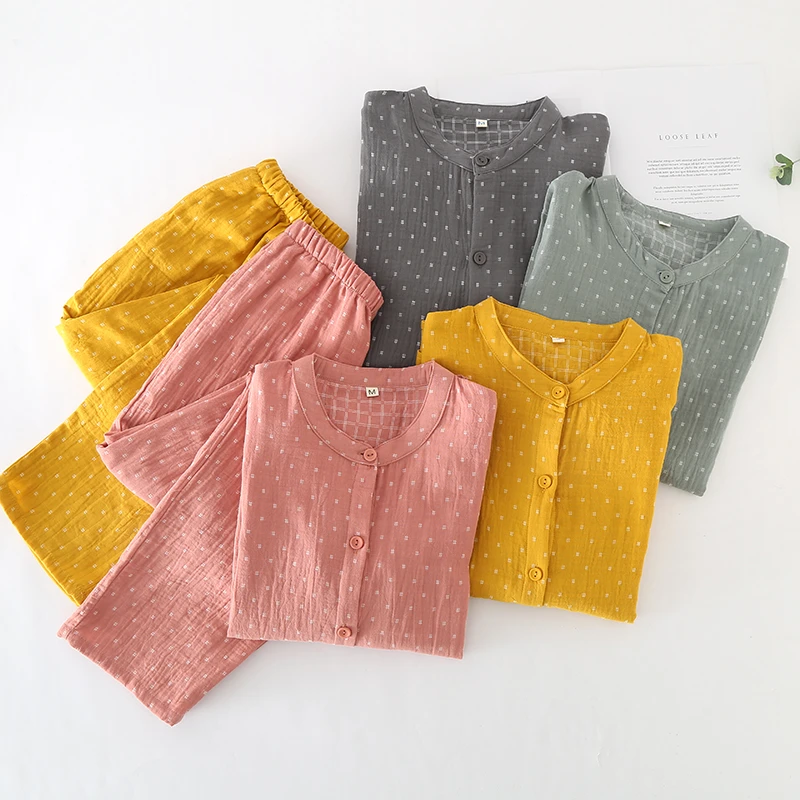 新款100%纯棉大码舒适透气极简风色织水洗棉女士家居服可外穿