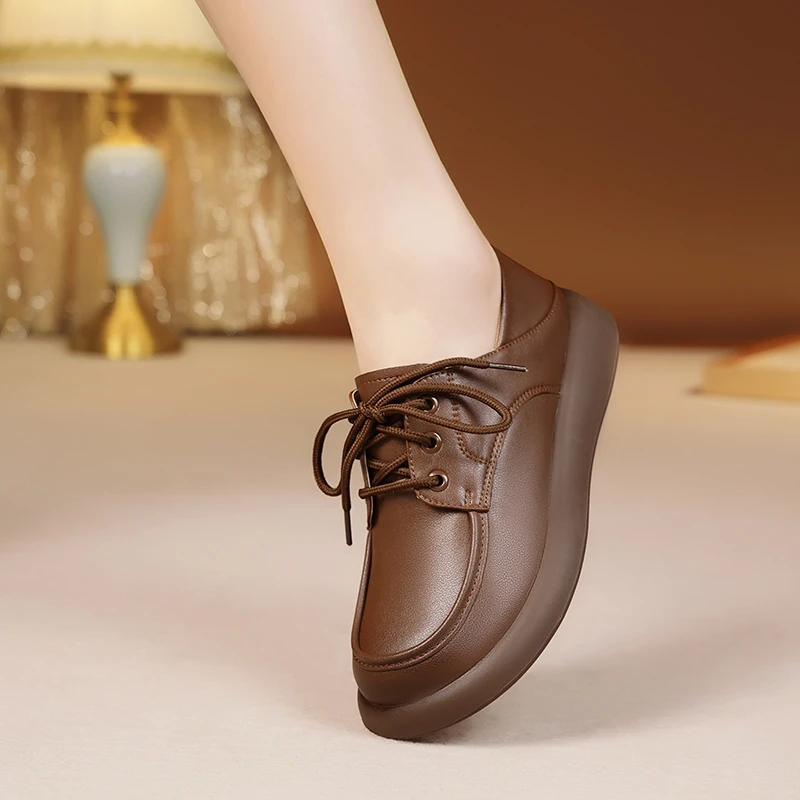 春秋系带单鞋女软牛皮平底乐福鞋欧若风防滑软底妈妈舒适软底女鞋