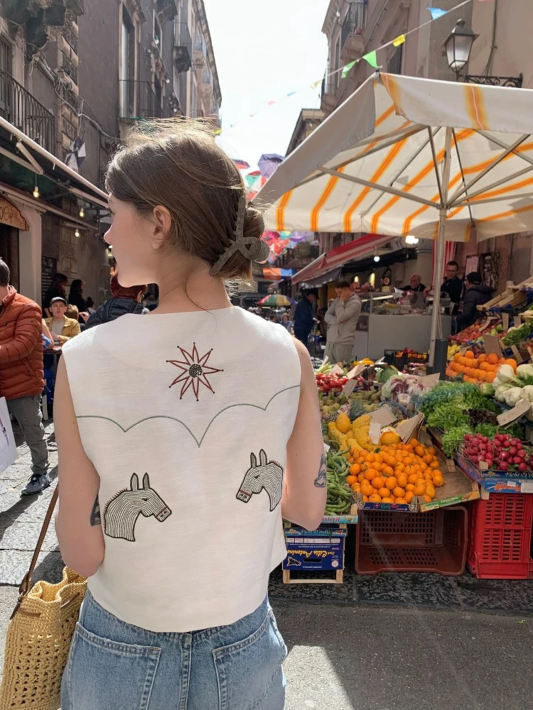 夏日牧野 艺术游牧风刺绣马甲背心外穿亚麻无袖上衣