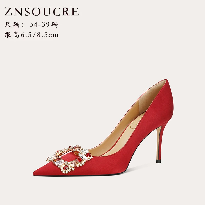 红色尖头设计感羊皮婚礼主纱秀禾新娘高跟鞋细高跟女鞋浅口方扣