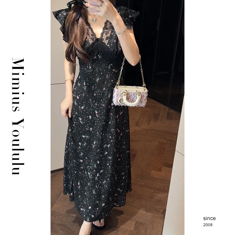 【mimius】喵喵 茶歇气质性感蕾丝拼接碎花小飞袖连衣裙 G06041
