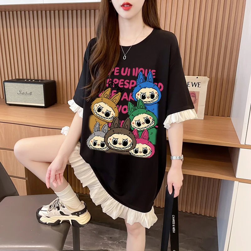 蕾丝拼接短袖T恤女夏季韩版宽松时尚百搭设计感大码甜美体恤裙ins