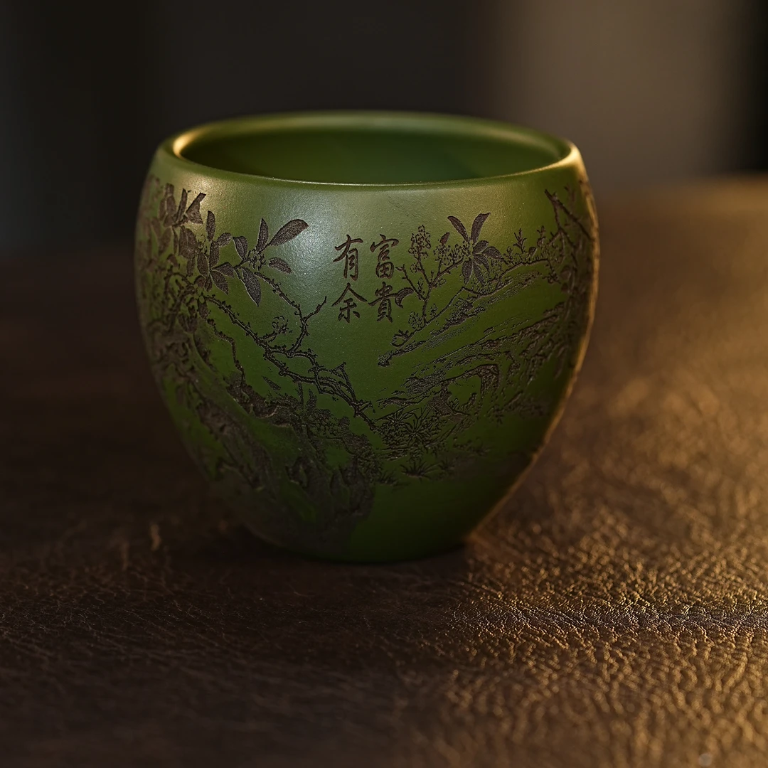 宜兴紫砂茶具 原矿绿泥泥料刻绘富贵有余紫砂主人杯品茗杯