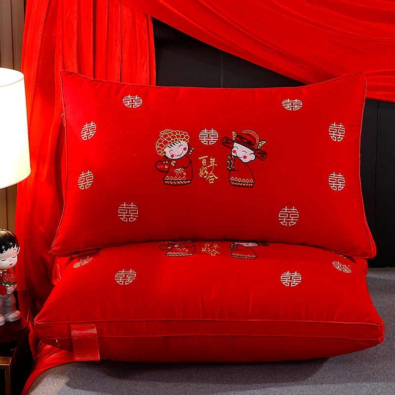 水星新家纺全棉结婚大红色枕芯婚庆枕头一对装家用婚房喜庆刺绣枕