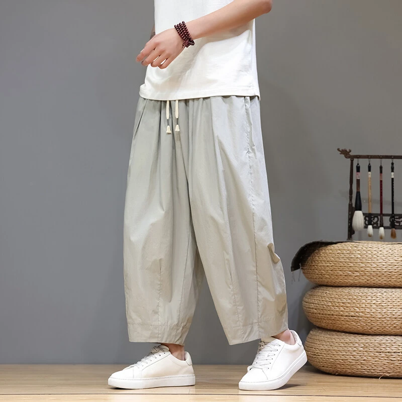 2025夏季新款中国风男士宽松阔腿九分裤子大码纯棉透气休闲哈伦裤