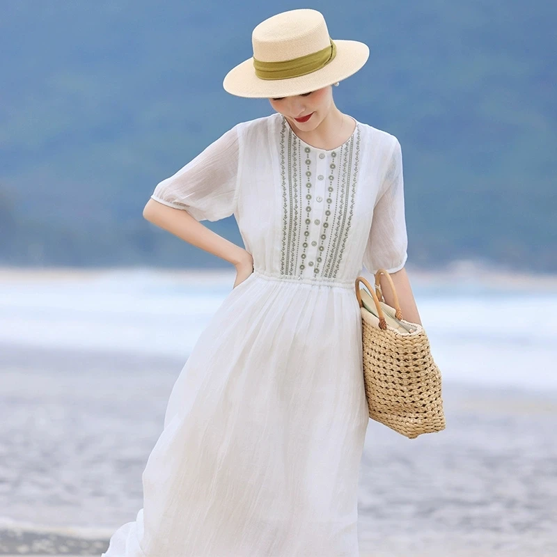 【钻石姐专享】7360#高档刺绣新款气质圆领裙高端连衣裙宽松显瘦裙