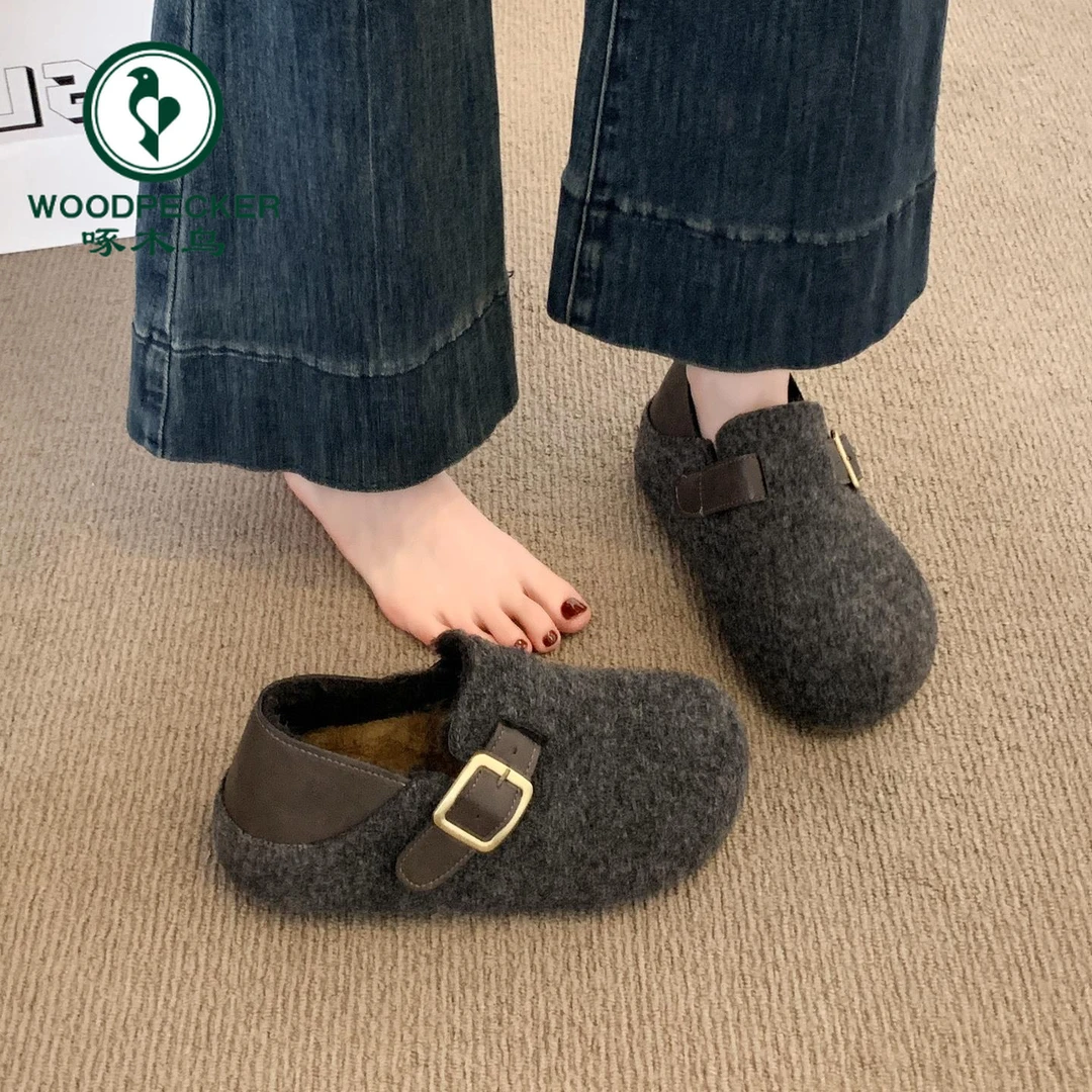 啄木鸟软底灰色勃肯鞋女2025秋冬新款厚底棉鞋两穿加绒包头半拖鞋