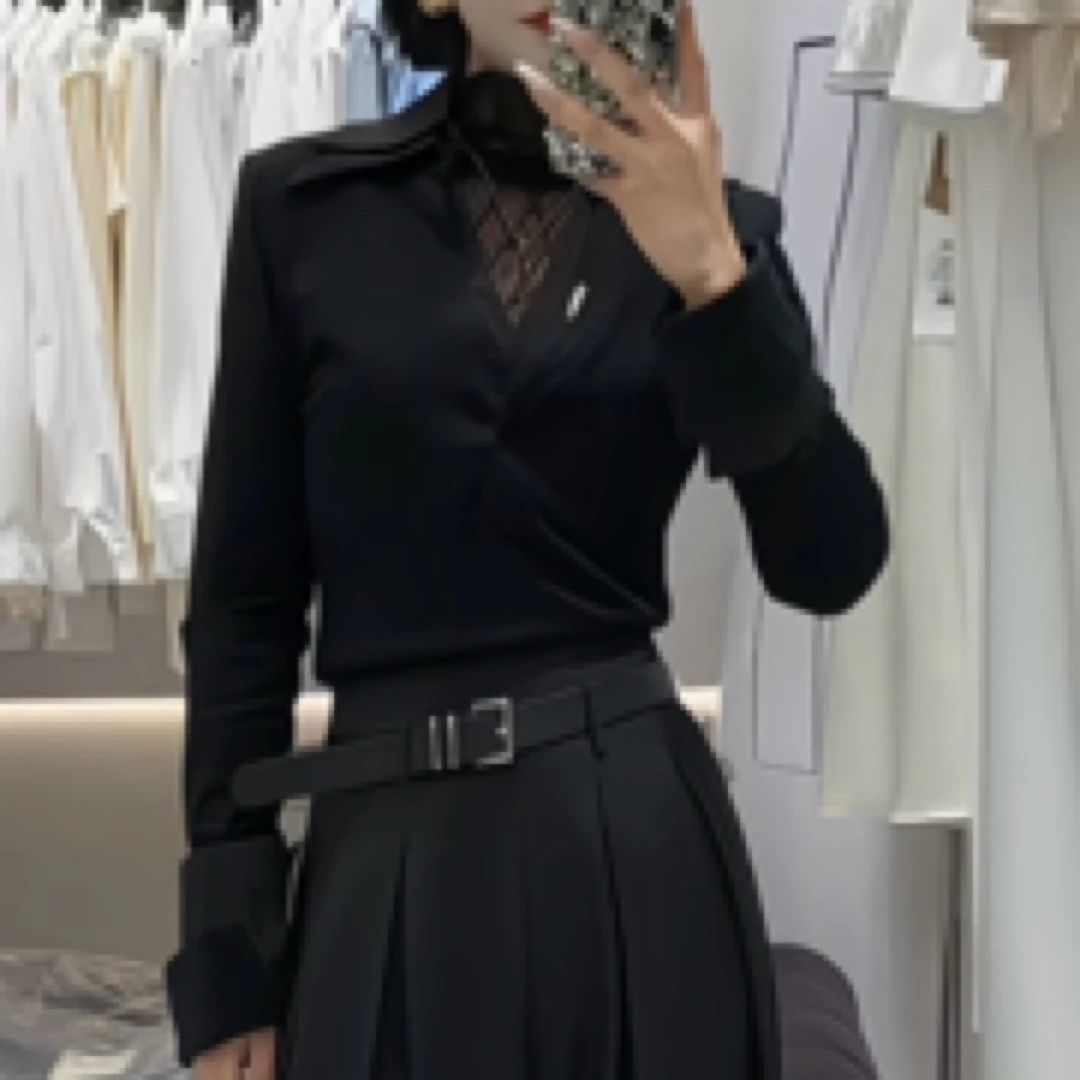 黑色蕾丝拼接假两件衬衫气质设计感女装上衣